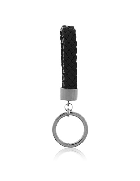 llavero de acero y cuero trenzado para hombre, portallaves de cuero negro