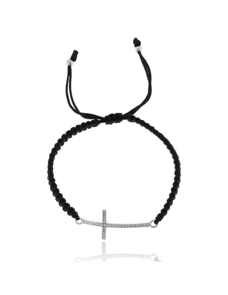 Pulsera Cruz Horizontal Plata y Macramé
