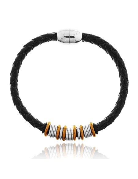 Pulsera Cuero Hombre y Anillas Acero
