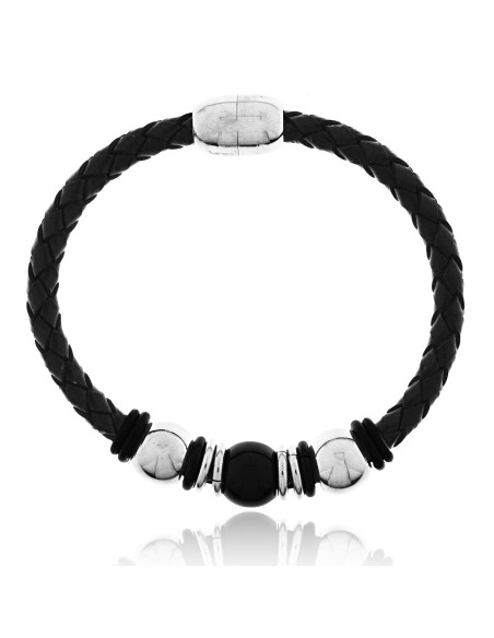 Pulsera Cuero Hombre con Bolas Acero