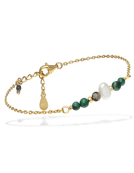 Pulsera Plata Dorada y Piedras Verdes