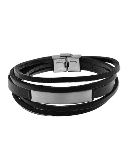 Pulsera De Cuero Negro y Acero Hombre